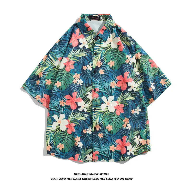 Men Street Fashion Daily Shirt Hawaiian Cartoon Print Casual Loose Shirts Short Sleeve Beach Loose Tops