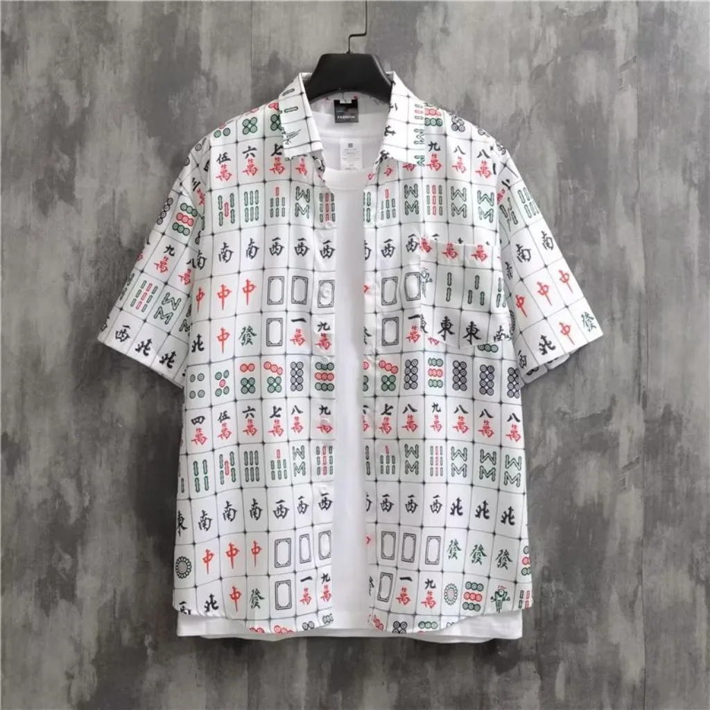 Men Street Fashion Shirt Hawaiian Cartoon Print Casual Loose Shirts Short Sleeve Beach Loose Tops