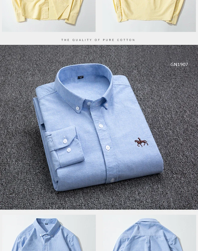 2024 Men's Long Sleeve Dress Shirt Men Pure Cotton Oxford  Embroidered Horse Casual Without Pocket Solid Shirt Plus Size