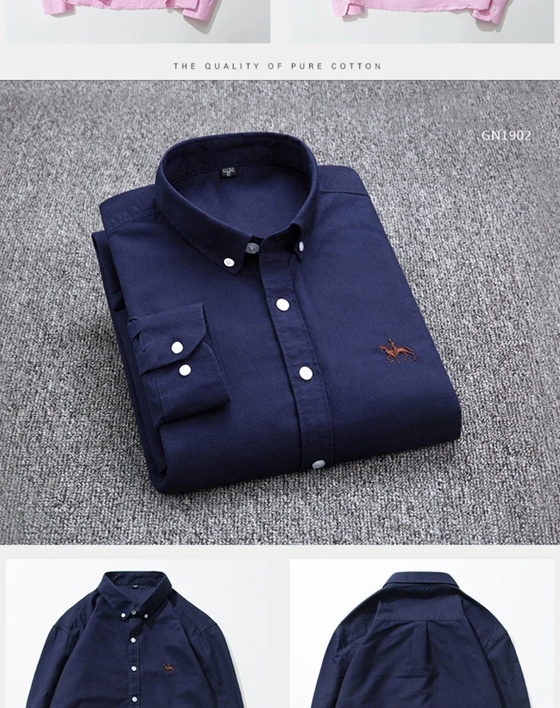 2024 Men's Long Sleeve Dress Shirt Men Pure Cotton Oxford  Embroidered Horse Casual Without Pocket Solid Shirt Plus Size