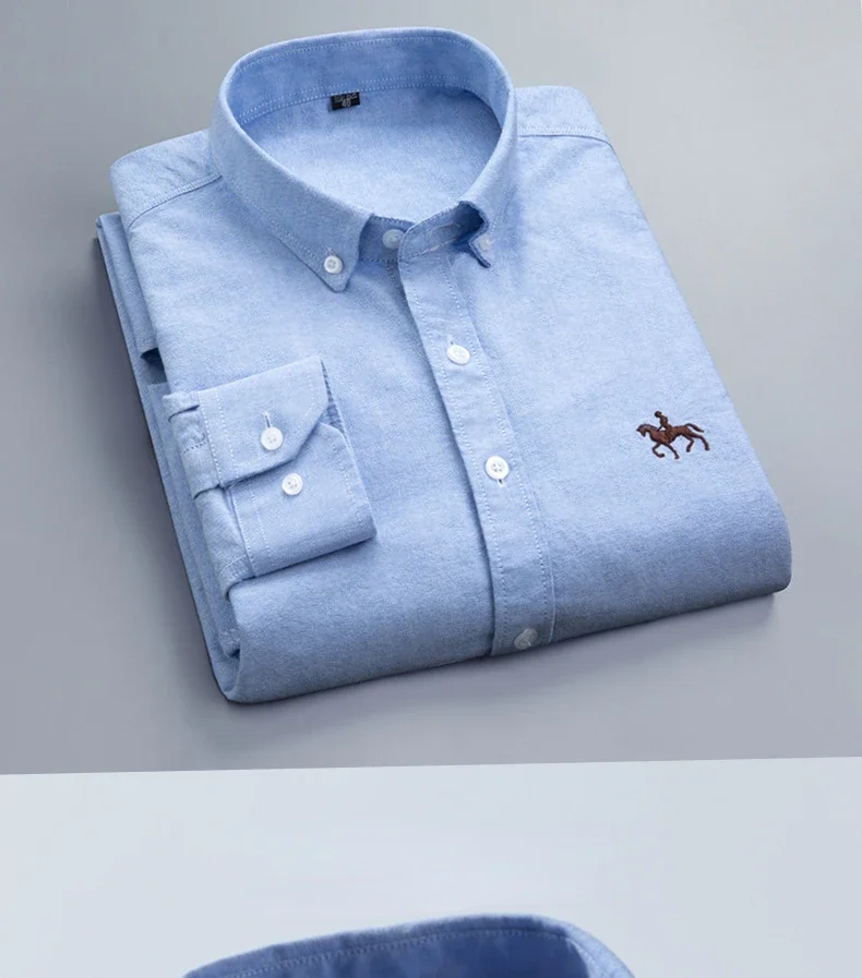 2024 Men's Long Sleeve Dress Shirt Men Pure Cotton Oxford  Embroidered Horse Casual Without Pocket Solid Shirt Plus Size