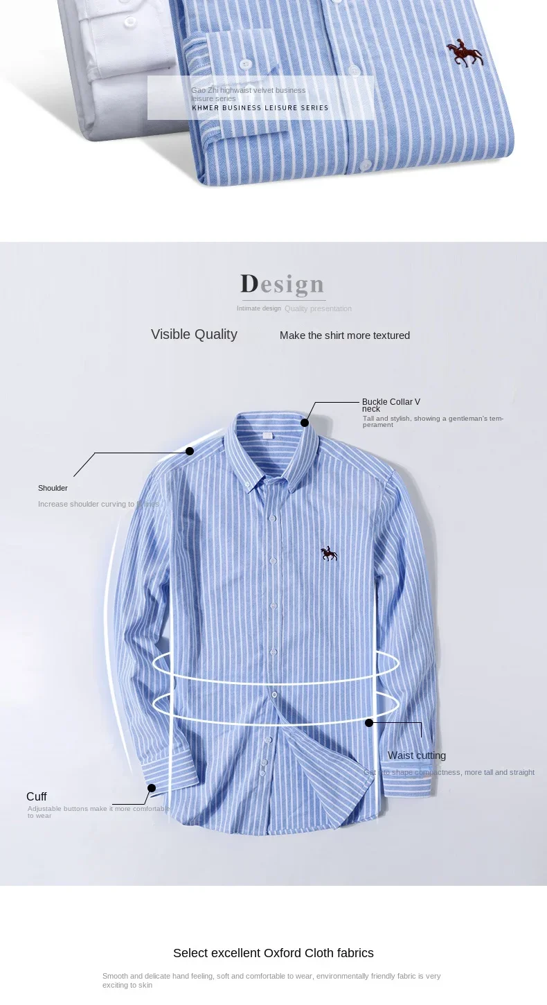 2024 Men's Long Sleeve Dress Shirt Men Pure Cotton Oxford  Embroidered Horse Casual Without Pocket Solid Shirt Plus Size