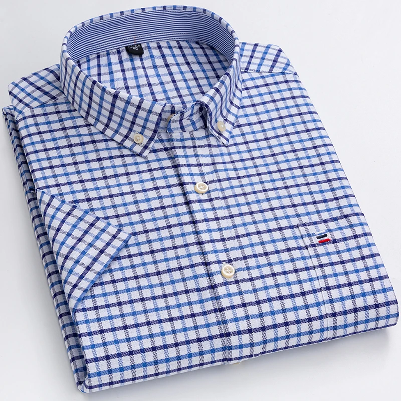 2024 100% Pure Cotton Men's Oxford Short Sleeve Square Collar Soild Plaid Striped Summer Casual Shirts Single Pocket  Shirt