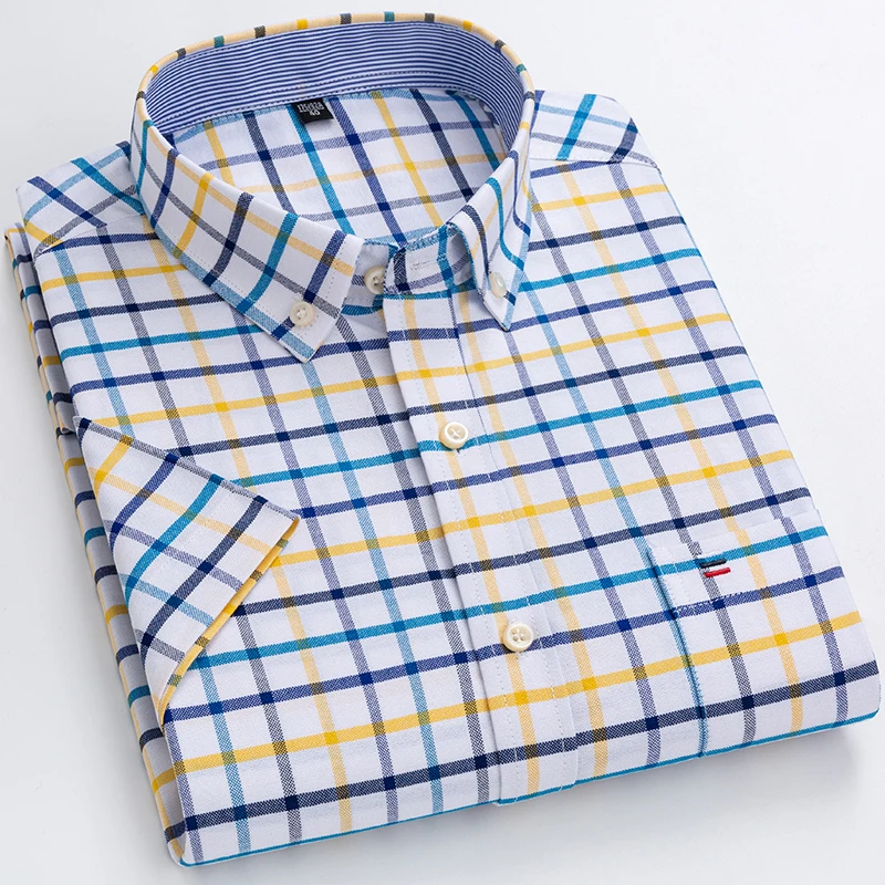 2024 100% Pure Cotton Men's Oxford Short Sleeve Square Collar Soild Plaid Striped Summer Casual Shirts Single Pocket  Shirt