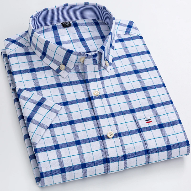 2024 100% Pure Cotton Men's Oxford Short Sleeve Square Collar Soild Plaid Striped Summer Casual Shirts Single Pocket  Shirt