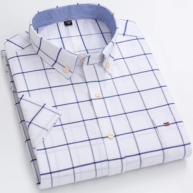 2024 100% Pure Cotton Men's Oxford Short Sleeve Square Collar Soild Plaid Striped Summer Casual Shirts Single Pocket  Shirt