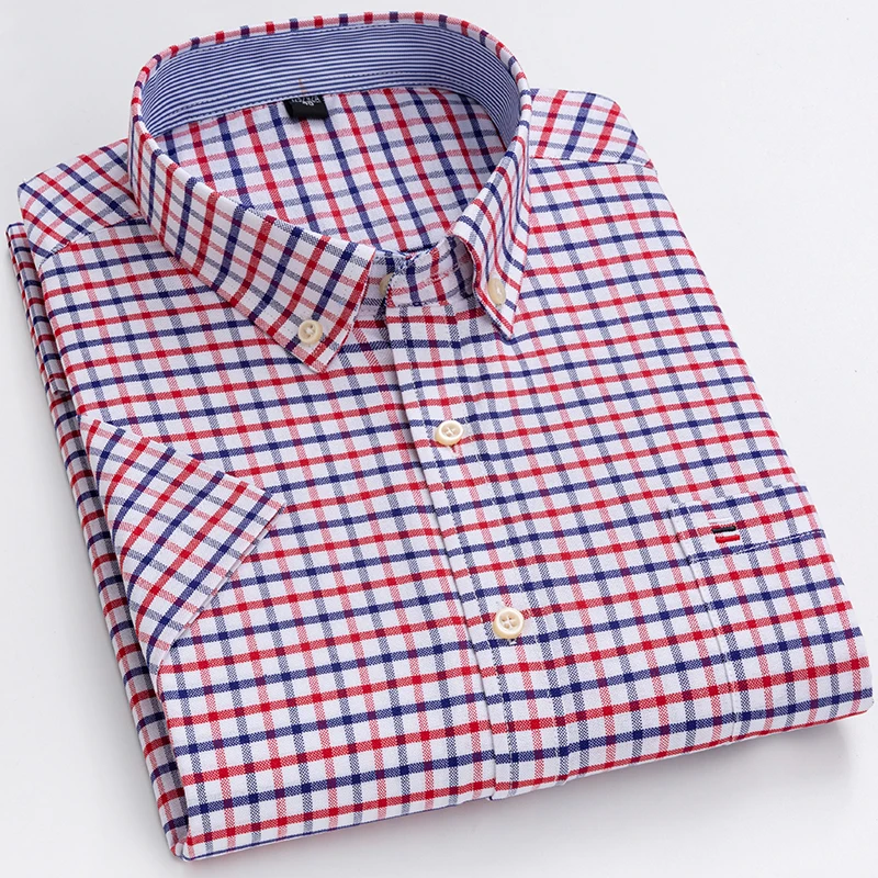 2024 100% Pure Cotton Men's Oxford Short Sleeve Square Collar Soild Plaid Striped Summer Casual Shirts Single Pocket  Shirt