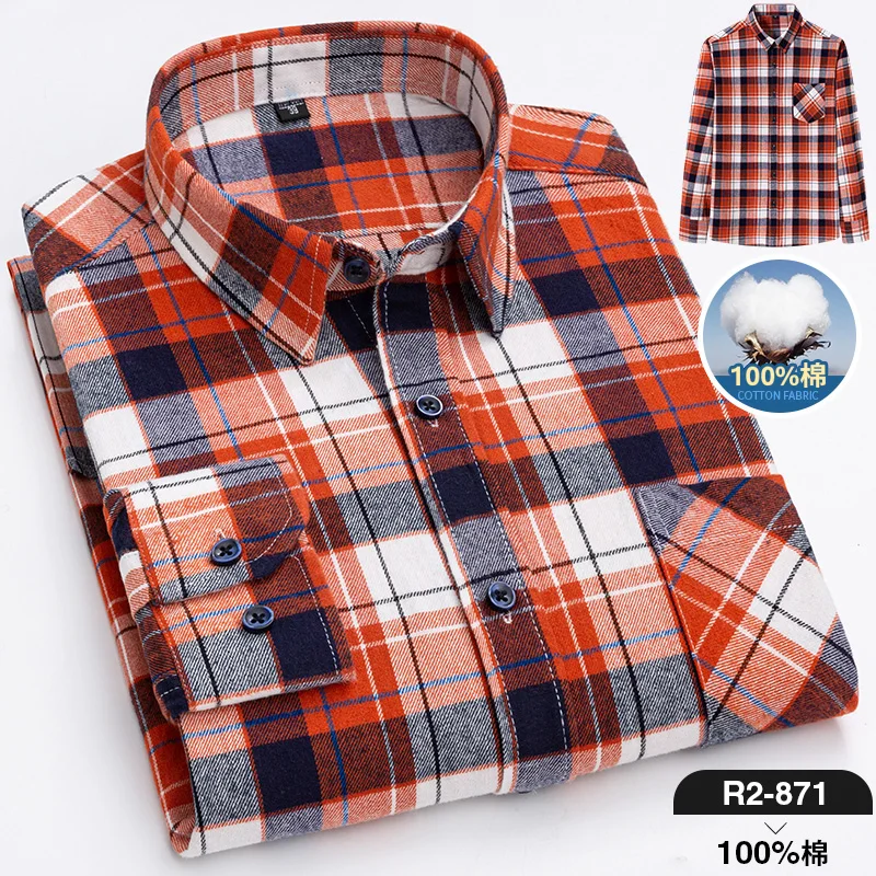 Pure Cotton Men's Plaid Shirt Long Sleeve Regular Fit Men Casual Oversized Shirt Leisure Autumn Male Blouse New Plus Size