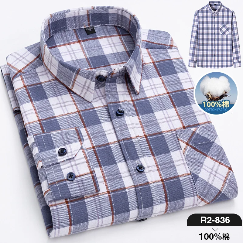 Pure Cotton Men's Plaid Shirt Long Sleeve Regular Fit Men Casual Oversized Shirt Leisure Autumn Male Blouse New Plus Size