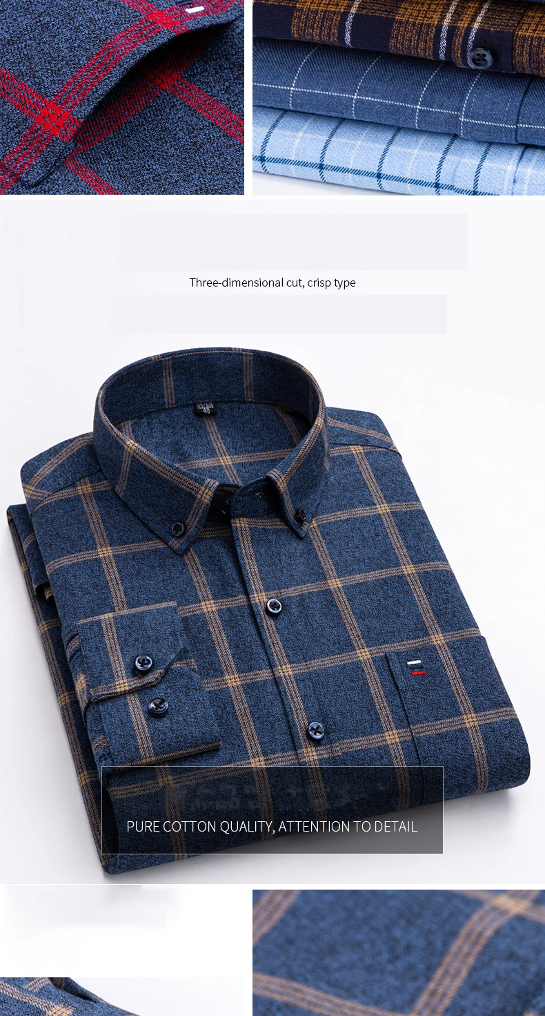 Pure Cotton Men's Plaid Shirt Long Sleeve Regular Fit Men Casual Oversized Shirt Leisure Autumn Male Blouse New Plus Size