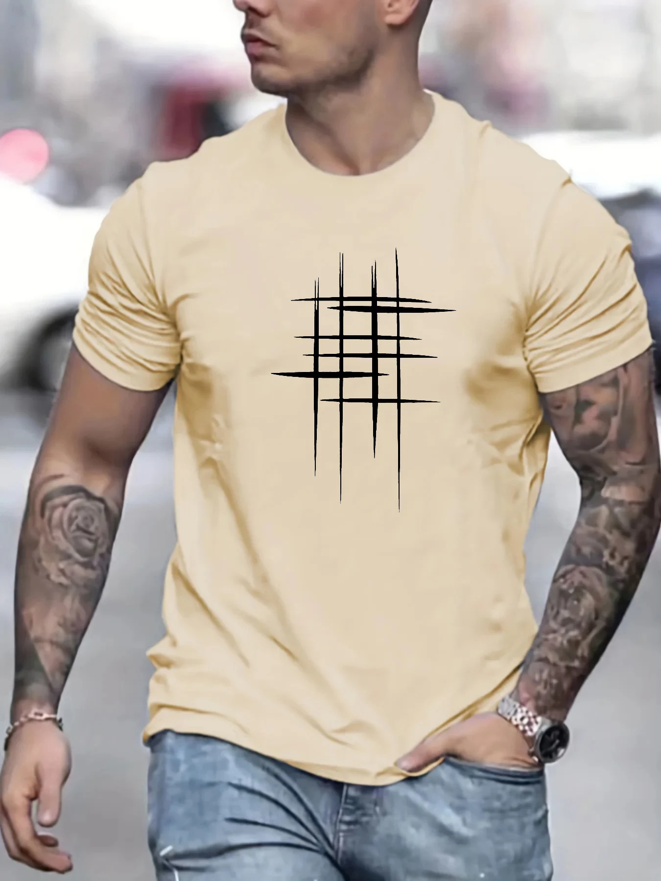 Summer Men's 100% Cotton Casual Loose Size Graphic Line Print Round Neck Short Sleeve T-shirt Top