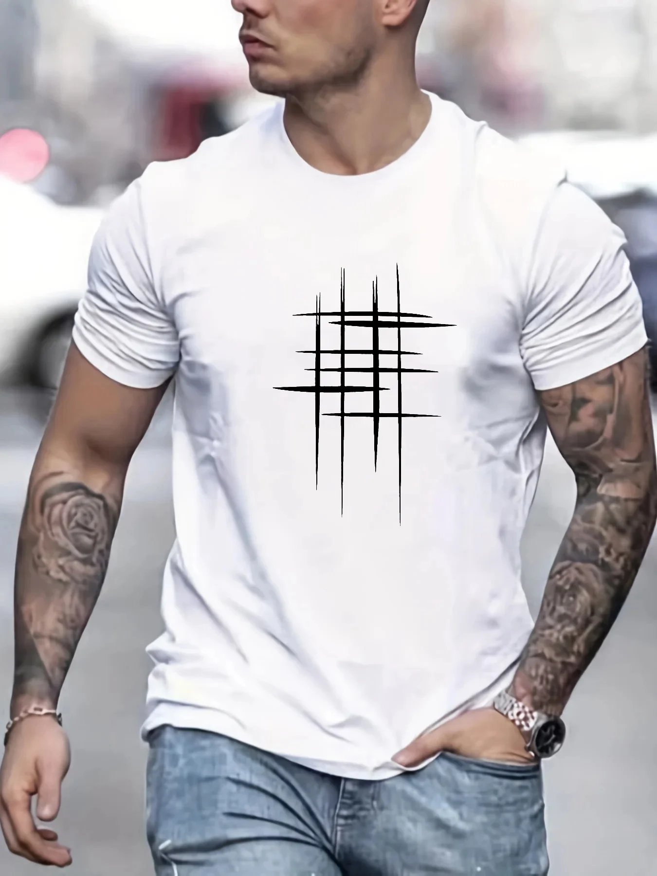 Summer Men's 100% Cotton Casual Loose Size Graphic Line Print Round Neck Short Sleeve T-shirt Top