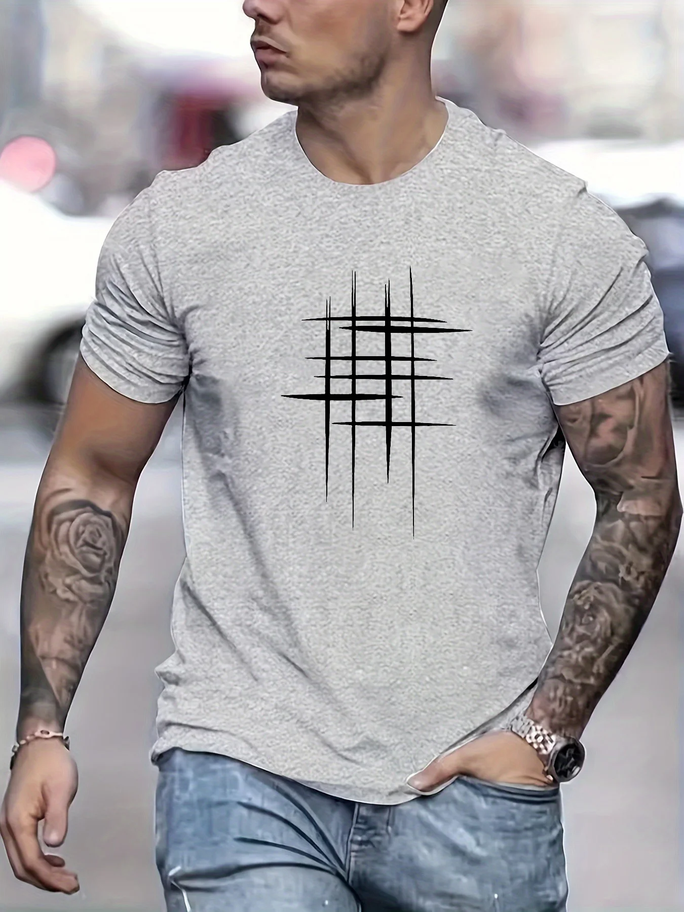 Summer Men's 100% Cotton Casual Loose Size Graphic Line Print Round Neck Short Sleeve T-shirt Top