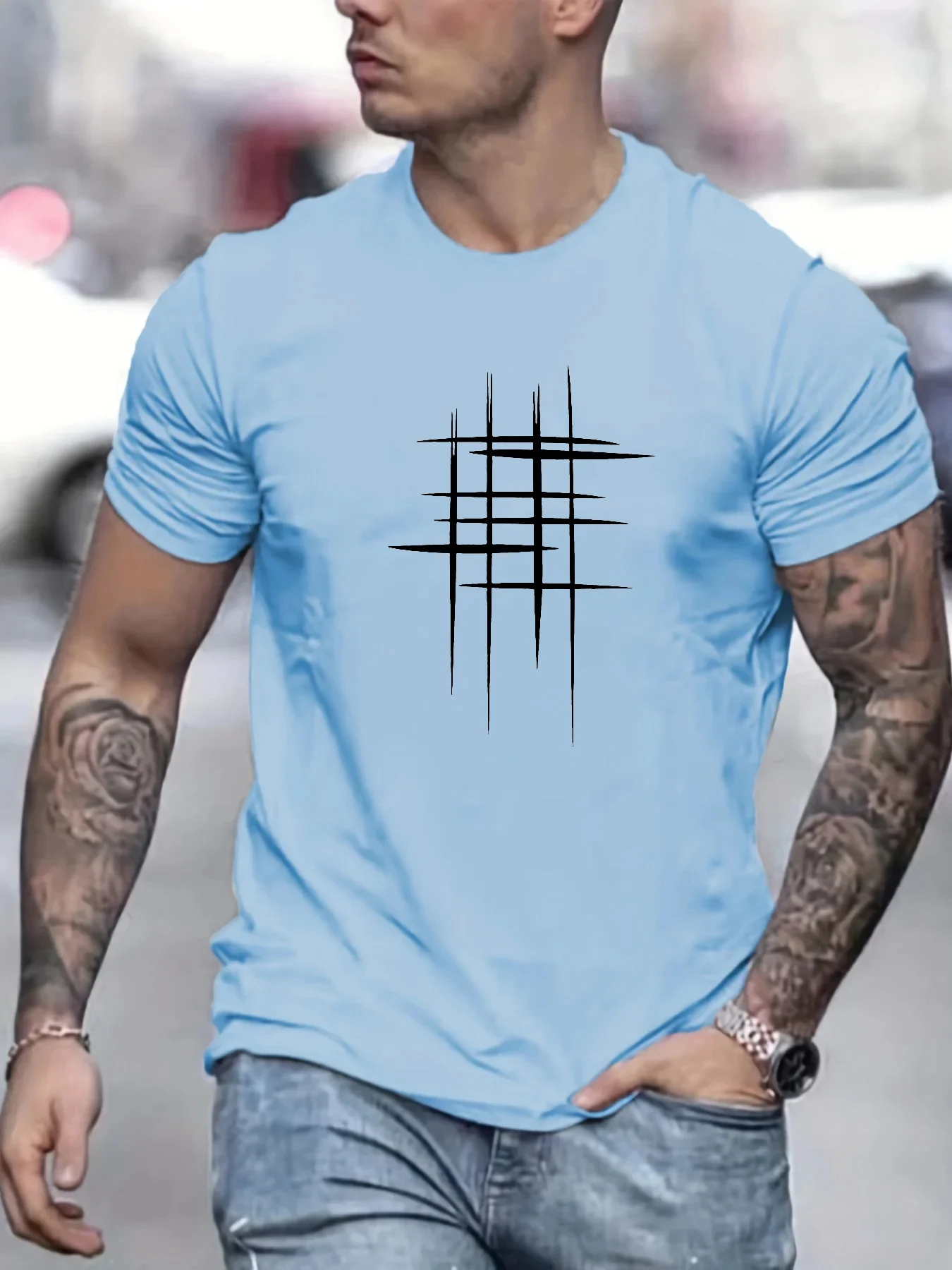 Summer Men's 100% Cotton Casual Loose Size Graphic Line Print Round Neck Short Sleeve T-shirt Top