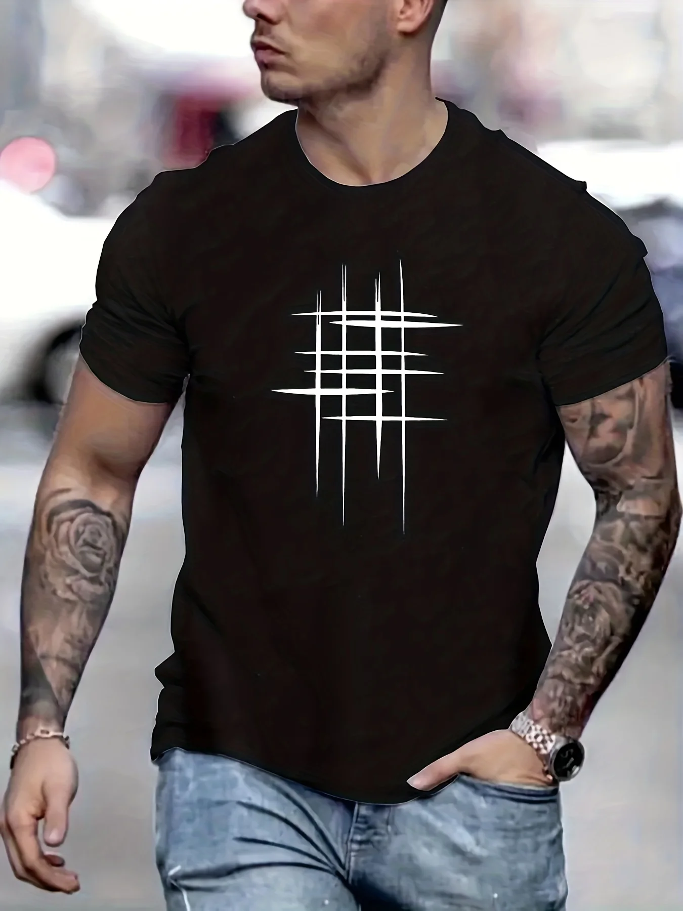 Summer Men's 100% Cotton Casual Loose Size Graphic Line Print Round Neck Short Sleeve T-shirt Top