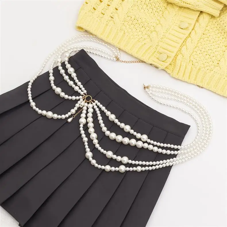 Y2K Jewelry Multilayer Pearl Waist Chain for Women's Fashion Retro Character Playing Body Accessories Party Vintage sexy Belts