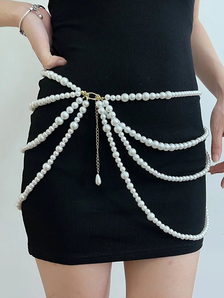 Y2K Jewelry Multilayer Pearl Waist Chain for Women's Fashion Retro Character Playing Body Accessories Party Vintage sexy Belts