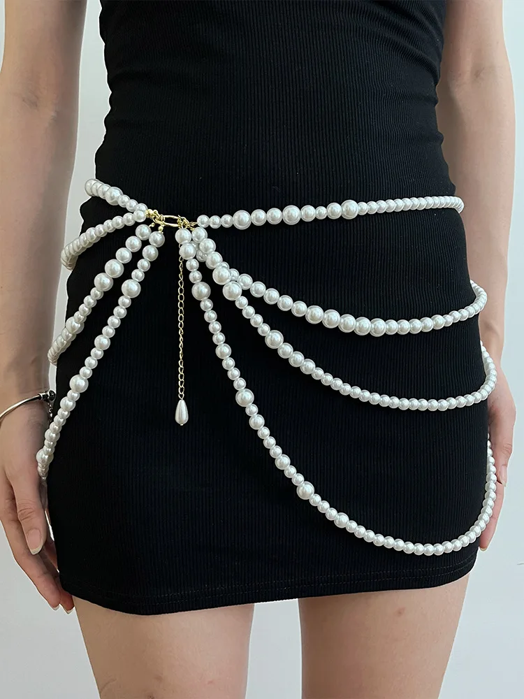 Y2K Jewelry Multilayer Pearl Waist Chain for Women's Fashion Retro Character Playing Body Accessories Party Vintage sexy Belts