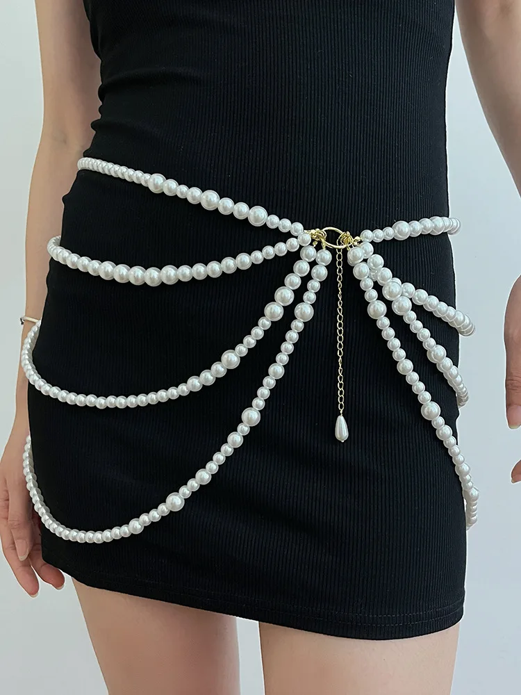 Y2K Jewelry Multilayer Pearl Waist Chain for Women's Fashion Retro Character Playing Body Accessories Party Vintage sexy Belts