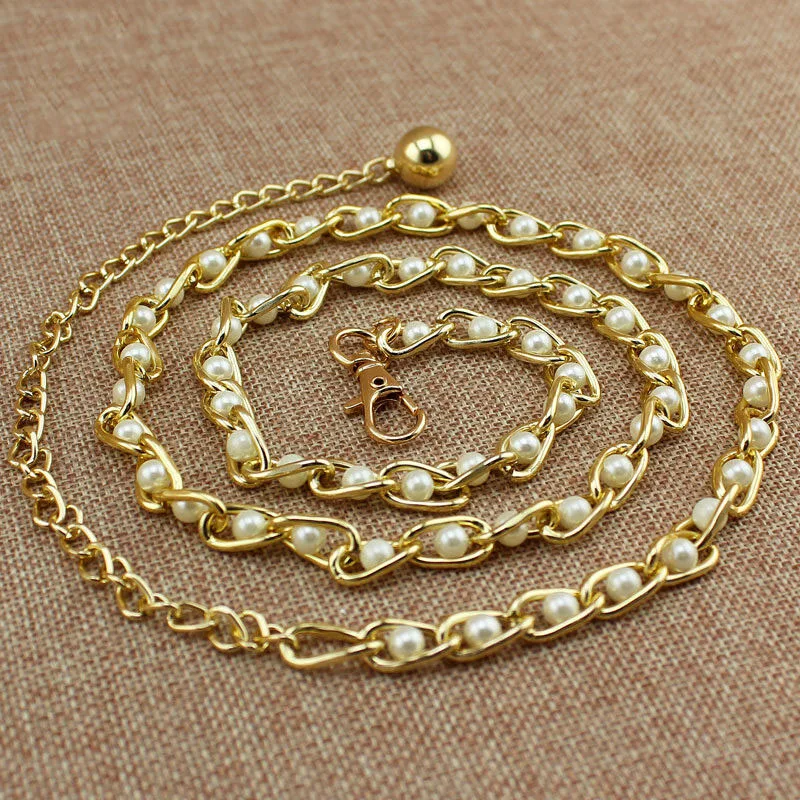 Simple Pearls Beaded Belt  Women Gold Color Metal Waist Chain Korean Elegant All Match Female Dress Sweater Decoration Waistband