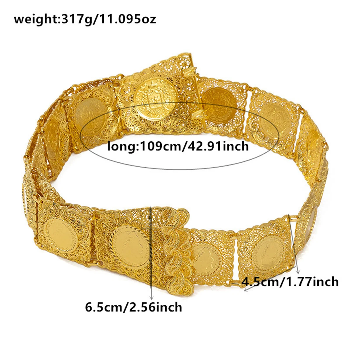 Bride Gold-plated belt Square Head Coin Design Cutout pattern Carved Napoleon Image Luxury Wedding Dress Waist Chain Jewelry