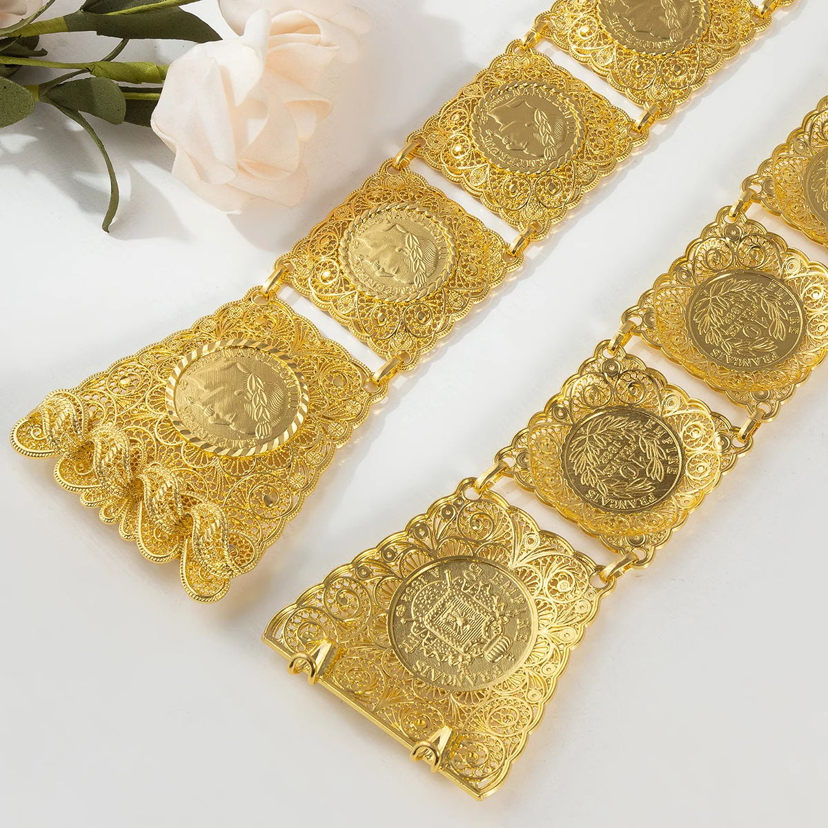 Bride Gold-plated belt Square Head Coin Design Cutout pattern Carved Napoleon Image Luxury Wedding Dress Waist Chain Jewelry