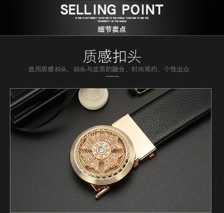 Man PU Leather Belt High Quality Men Business Belt Golden Automatic Buckle Waist Buckle Rhinestone Decoration Males Luxury Belt