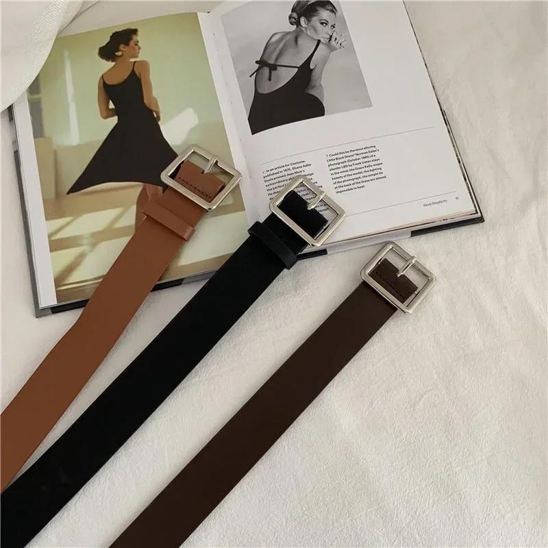 Women Fashion Belts Newest Solid Color PU Leather Simple Metal Buckle Belt Girls Dress Jean Pants Waistband Belts Accessories