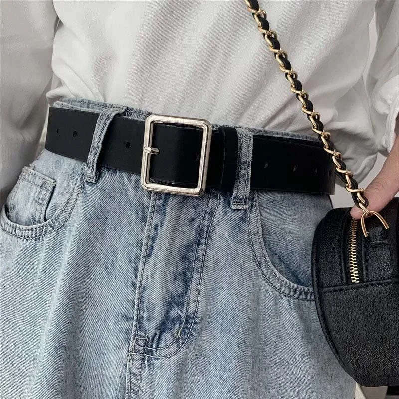 Women Fashion Belts Newest Solid Color PU Leather Simple Metal Buckle Belt Girls Dress Jean Pants Waistband Belts Accessories