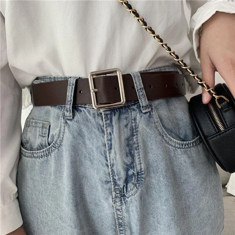 Women Fashion Belts Newest Solid Color PU Leather Simple Metal Buckle Belt Girls Dress Jean Pants Waistband Belts Accessories