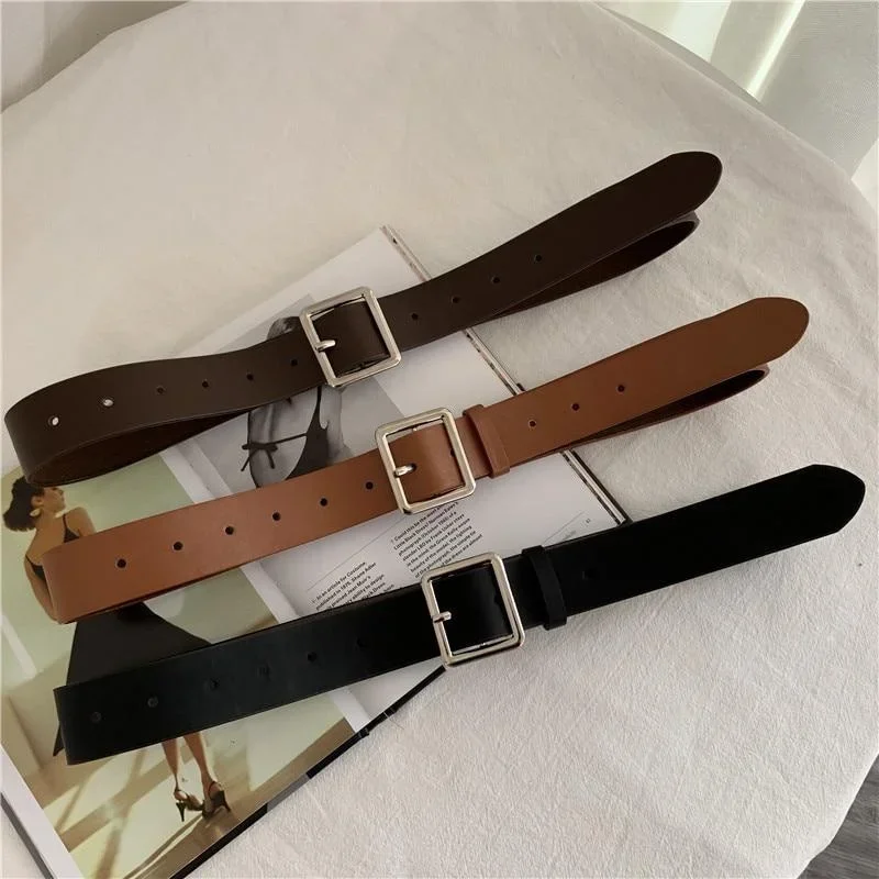 Women Fashion Belts Newest Solid Color PU Leather Simple Metal Buckle Belt Girls Dress Jean Pants Waistband Belts Accessories