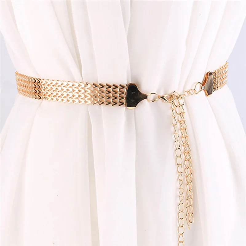 Women Fashion Belt Hip High Waist Gold Narrow Metal Chain Chunky Fringes