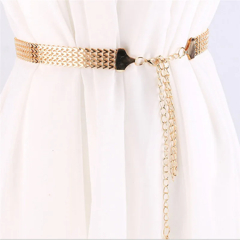 Women Fashion Belt Hip High Waist Gold Narrow Metal Chain Chunky Fringes