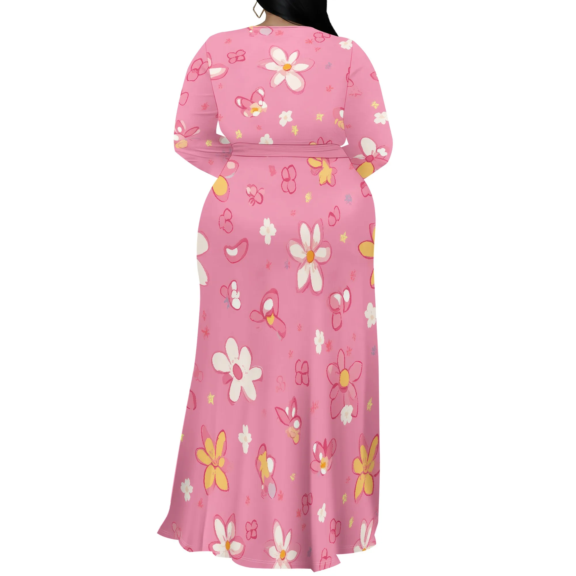 Plus Size Dress for Curvy Women V Neck Long Sleeve Maxi Dress Slit Wedding Guest Dress with Belt