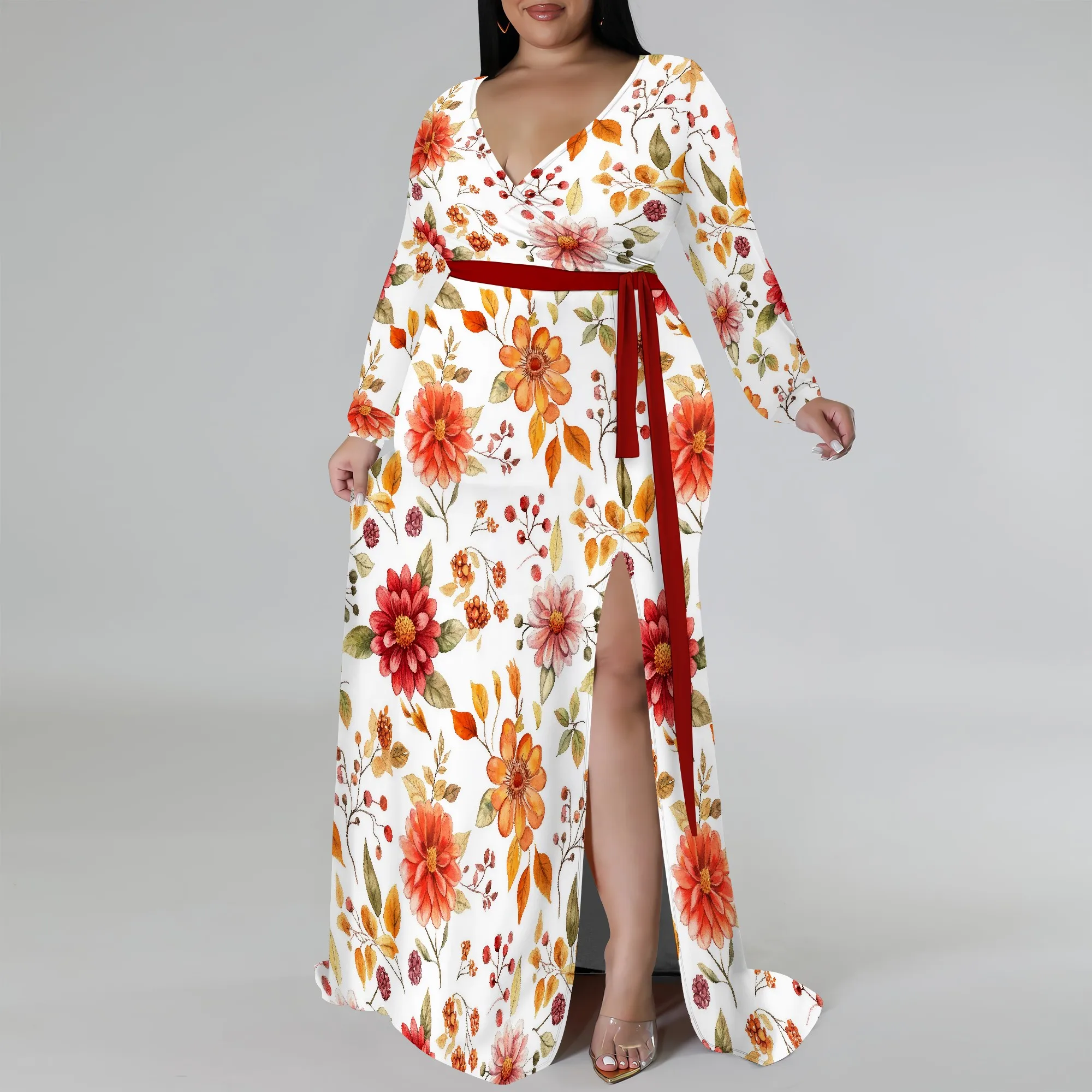 Plus Size Dress for Curvy Women V Neck Long Sleeve Maxi Dress Slit Wedding Guest Dress with Belt