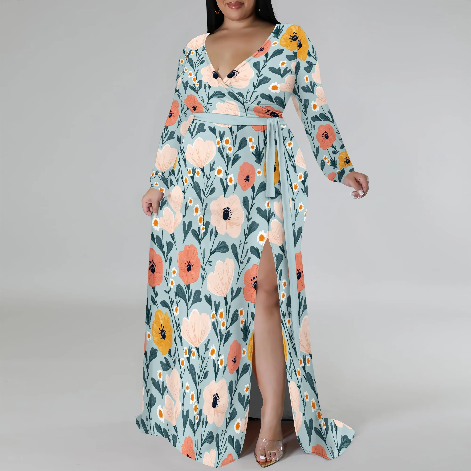 Plus Size Dress for Curvy Women V Neck Long Sleeve Maxi Dress Slit Wedding Guest Dress with Belt