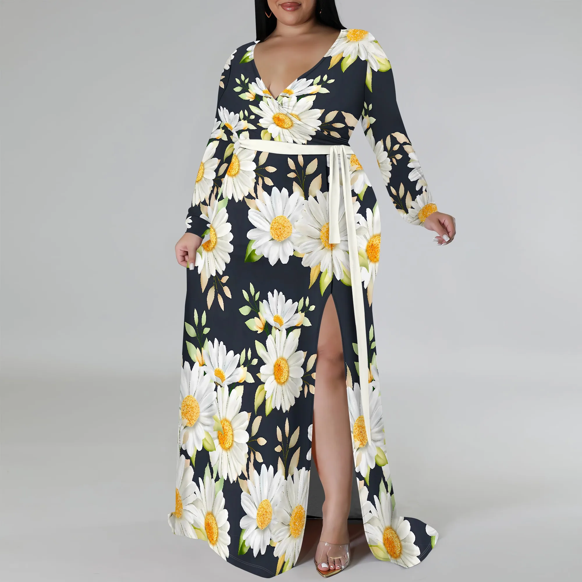 Plus Size Dress for Curvy Women V Neck Long Sleeve Maxi Dress Slit Wedding Guest Dress with Belt