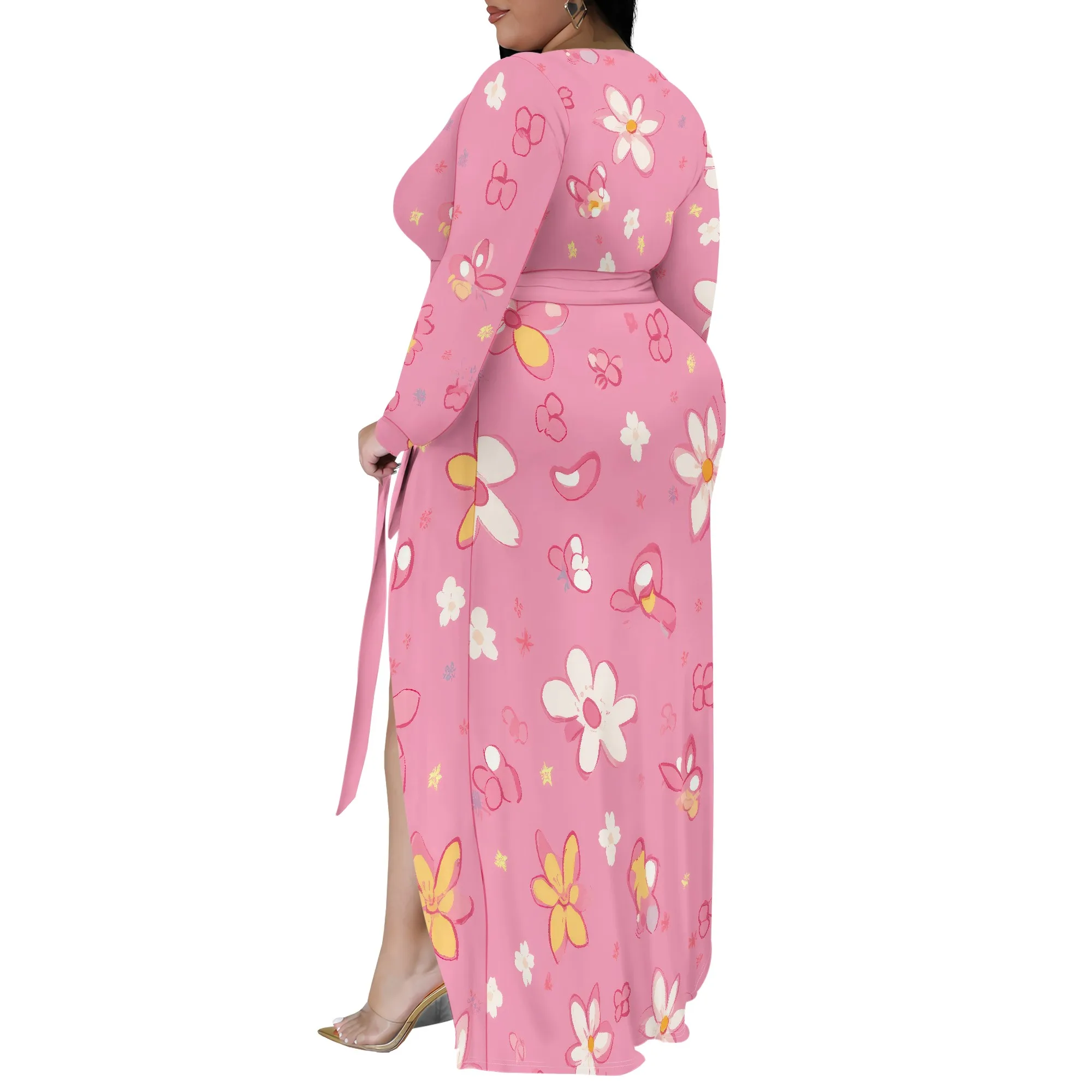 Plus Size Dress for Curvy Women V Neck Long Sleeve Maxi Dress Slit Wedding Guest Dress with Belt