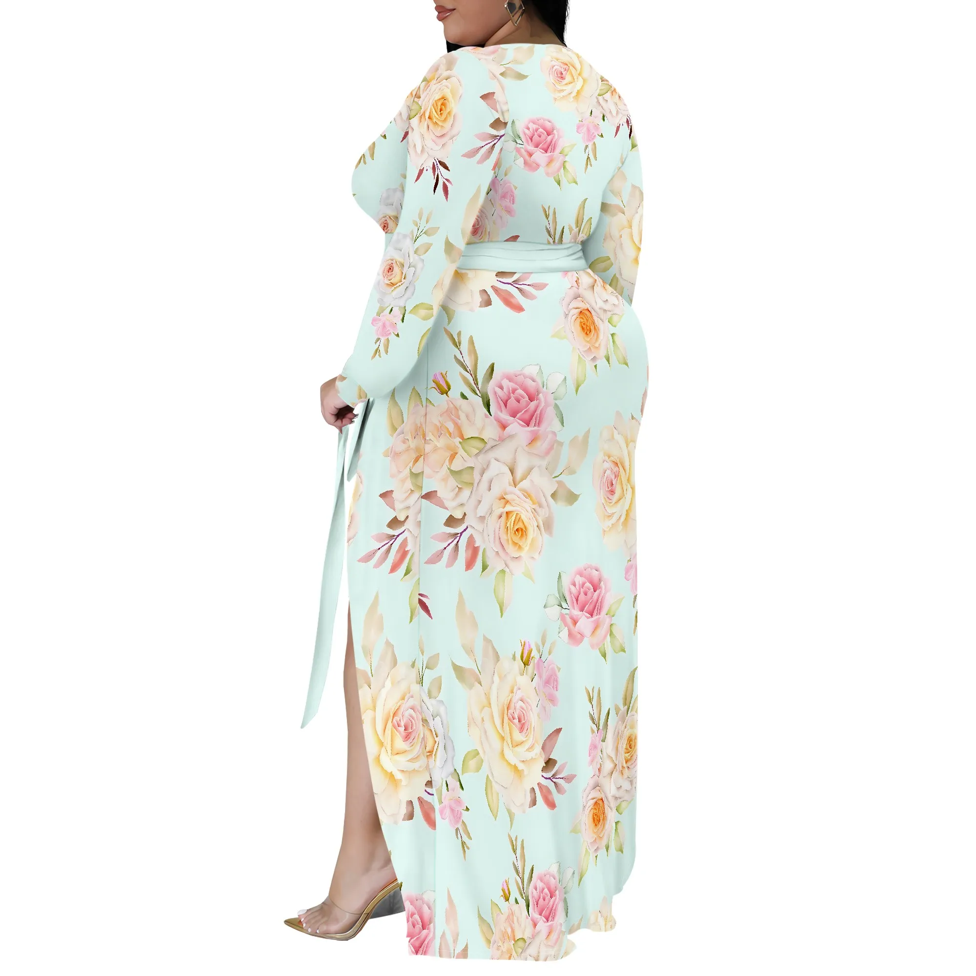 Plus Size Dress for Curvy Women V Neck Long Sleeve Maxi Dress Slit Wedding Guest Dress with Belt