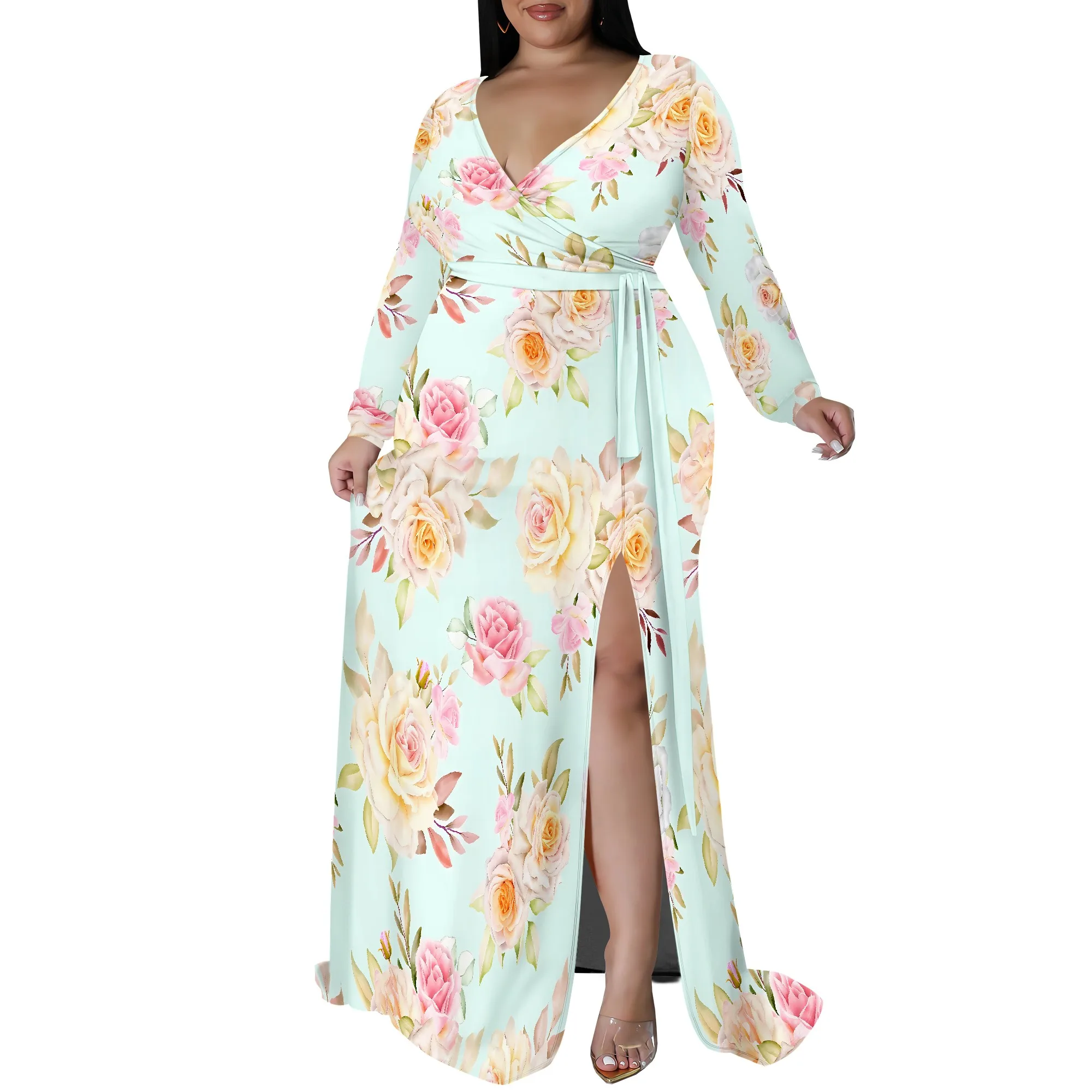 Plus Size Dress for Curvy Women V Neck Long Sleeve Maxi Dress Slit Wedding Guest Dress with Belt