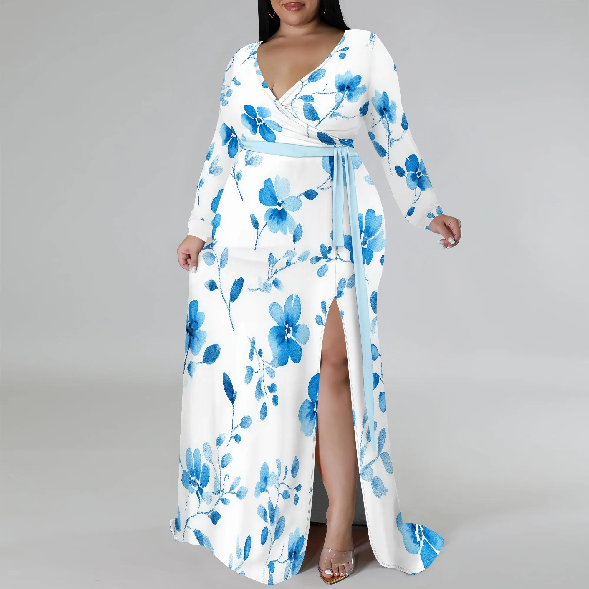 Plus Size Dress for Curvy Women V Neck Long Sleeve Maxi Dress Slit Wedding Guest Dress with Belt