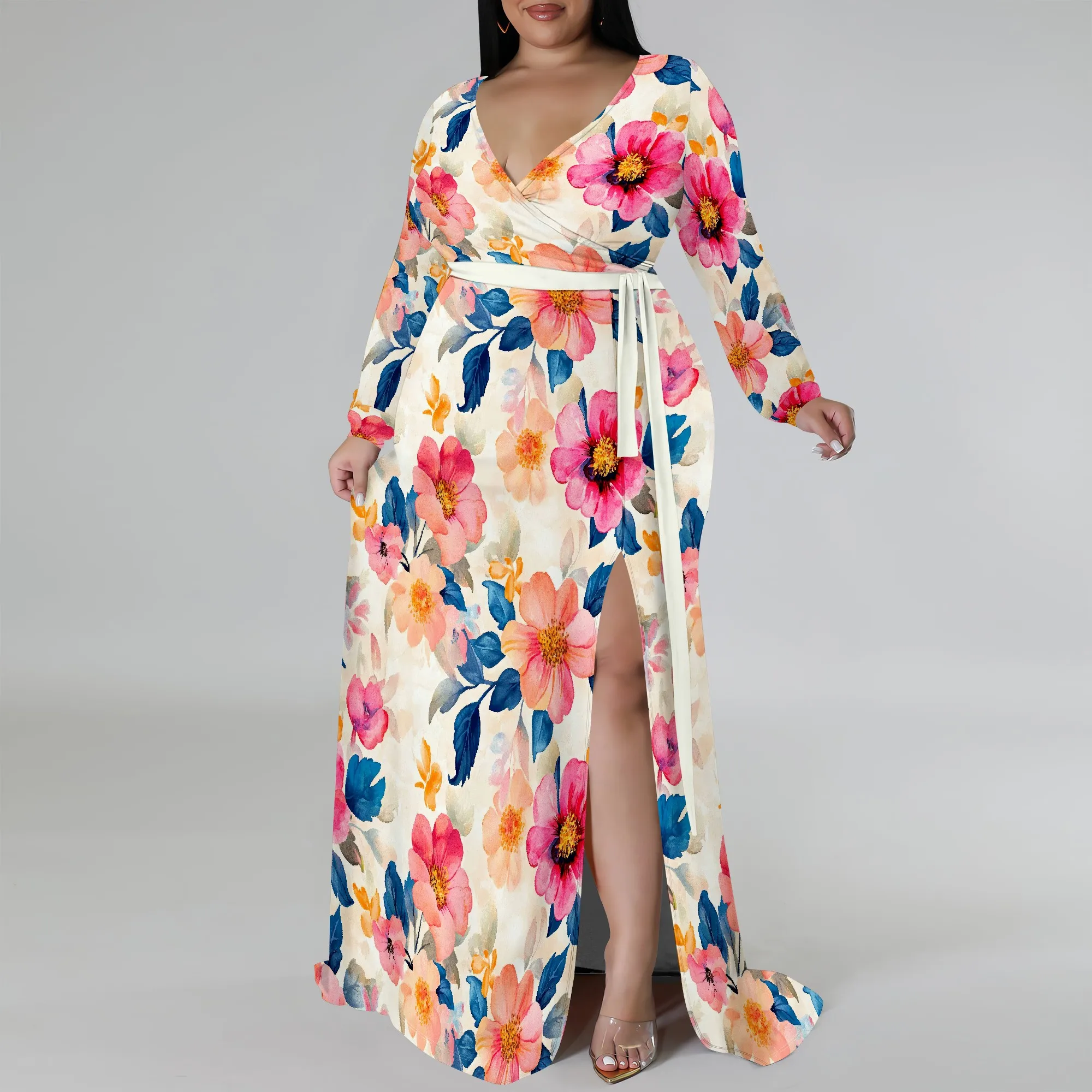 Plus Size Dress for Curvy Women V Neck Long Sleeve Maxi Dress Slit Wedding Guest Dress with Belt