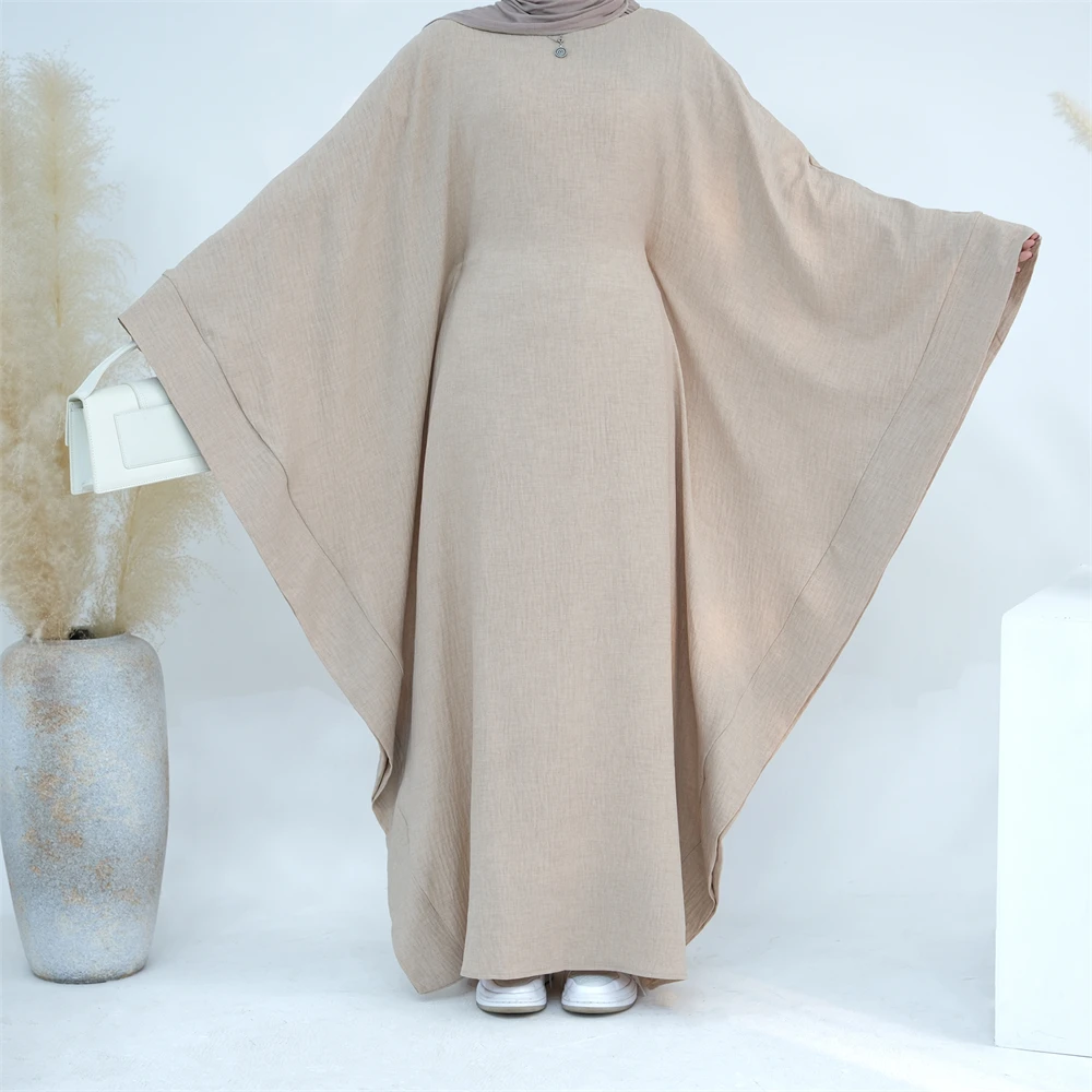 Ramadan Eid Dubai Linen Modest Batwing Abaya Muslim Kaftan Dress Kebaya Abayas For Women Caftan Robe Femme Musulmane Vestidos