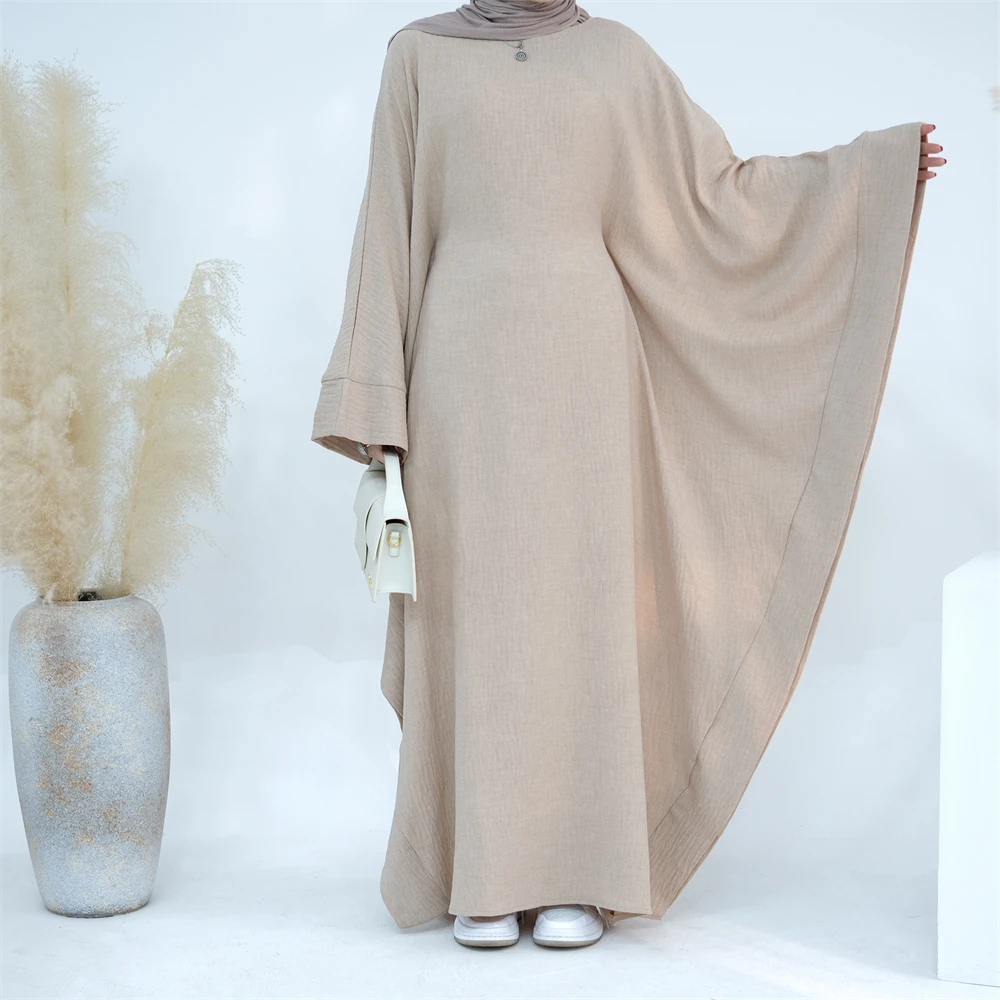 Ramadan Eid Dubai Linen Modest Batwing Abaya Muslim Kaftan Dress Kebaya Abayas For Women Caftan Robe Femme Musulmane Vestidos