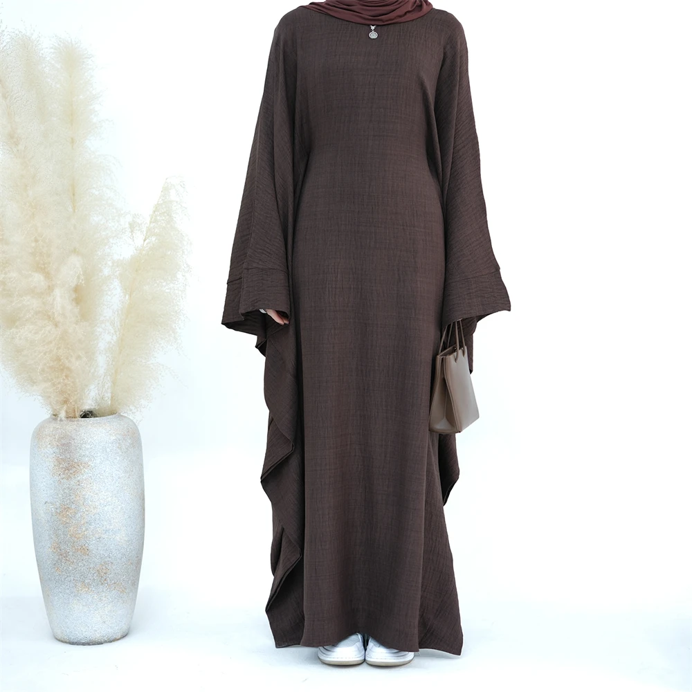 Ramadan Eid Dubai Linen Modest Batwing Abaya Muslim Kaftan Dress Kebaya Abayas For Women Caftan Robe Femme Musulmane Vestidos