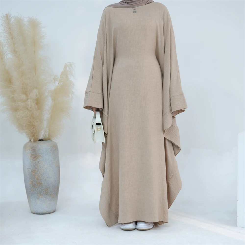 Ramadan Eid Dubai Linen Modest Batwing Abaya Muslim Kaftan Dress Kebaya Abayas For Women Caftan Robe Femme Musulmane Vestidos