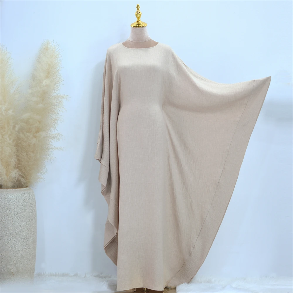 Ramadan Eid Dubai Linen Modest Batwing Abaya Muslim Kaftan Dress Kebaya Abayas For Women Caftan Robe Femme Musulmane Vestidos