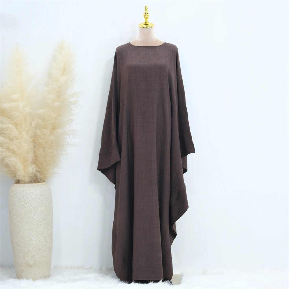 Ramadan Eid Dubai Linen Modest Batwing Abaya Muslim Kaftan Dress Kebaya Abayas For Women Caftan Robe Femme Musulmane Vestidos