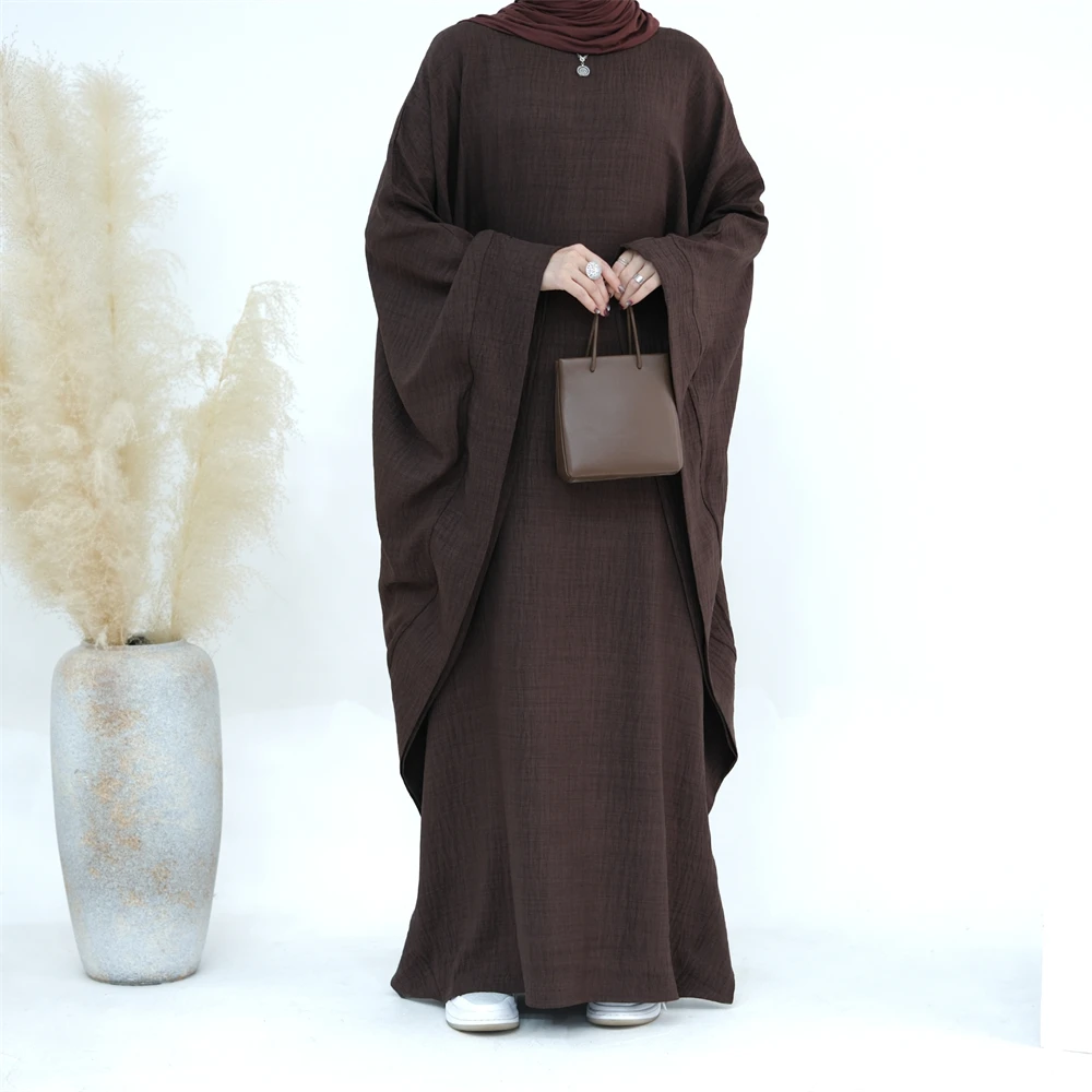 Ramadan Eid Dubai Linen Modest Batwing Abaya Muslim Kaftan Dress Kebaya Abayas For Women Caftan Robe Femme Musulmane Vestidos