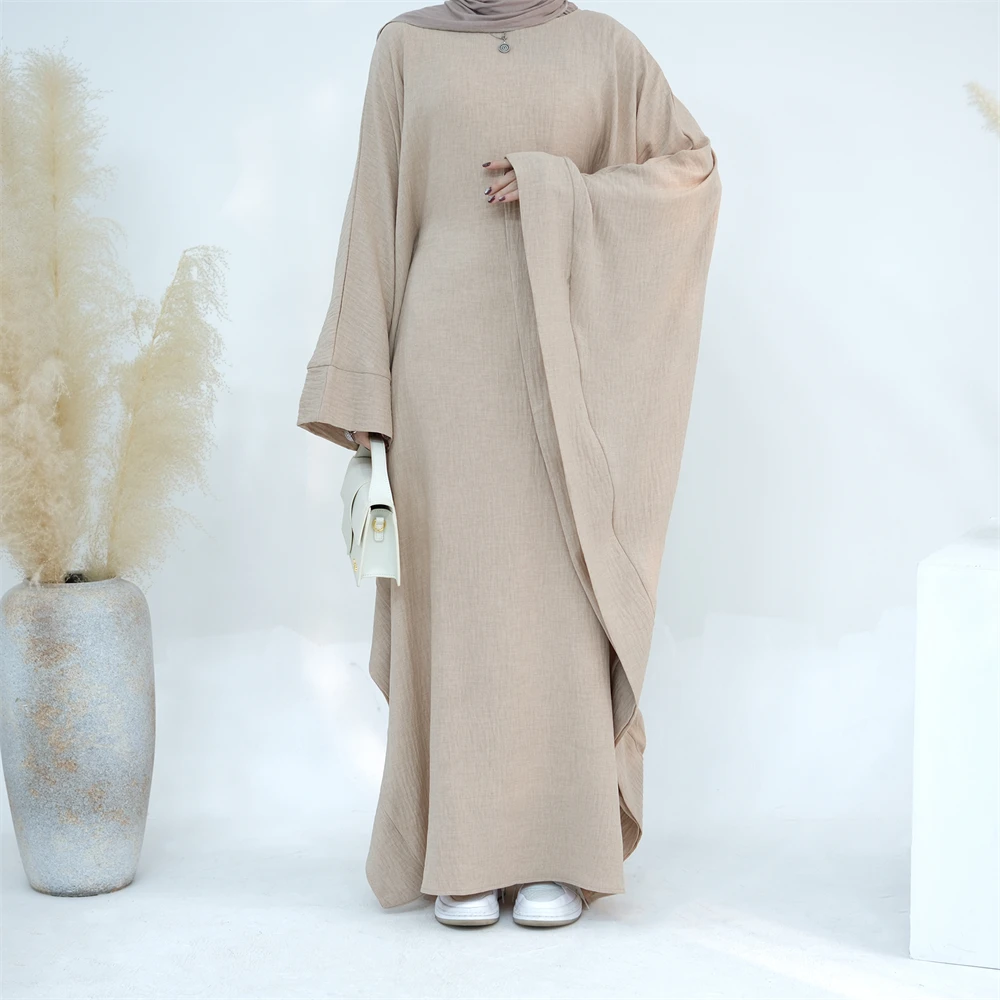 Ramadan Eid Dubai Linen Modest Batwing Abaya Muslim Kaftan Dress Kebaya Abayas For Women Caftan Robe Femme Musulmane Vestidos